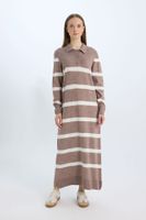 DEFACTO Regular Fit Polo Collar Buttoned Striped Long Sleeve Maxi Dress