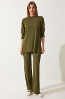 Happiness İstanbul Women's Khaki Ribbed Knitted Blouse Pants Suit