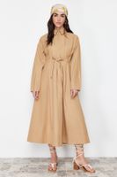 Trendyol Camel Cord and Zipper Detailed Woven Dress