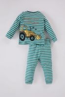 DEFACTO Baby Boy Pajama Set Vehicle Printed Striped Crew Neck Long Sleeve Top Long Bottom