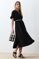 Trendyol Black Straight A-line Double Breasted Collar Balloon Sleeve Belt Detailed Lily Maxi Woven Dress