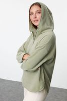 Trendyol Khaki Thick Fleece Hooded and Zippered Oversize/Wide Fit Knitted Sweatshirt