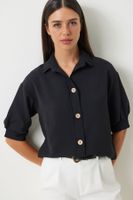 Happiness İstanbul Women's Black Balloon Sleeve Linen Ayrobin Shirt