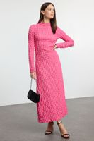 Trendyol Fuchsia Plain Textured Stand Collar A-Line Flexible Maxi Knit Dress