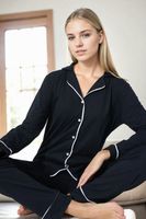 39374 Dewberry Cotton Buttoned Women Pyjama Set-BLACK-WHITE