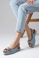 Mio Gusto Arwen Blue Color Denim Fabric Wedge Sole Women's Jeans Sandals