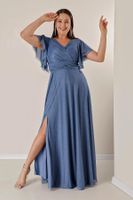By Saygı dupla mellű nyakkivágás elöl draped bélelt ujjak flounce Slit plus size hosszú Lurex ruha