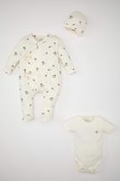 DEFACTO Baby Girl Newborn Printed Snap Romper Snap Body Hat 3 Piece Set