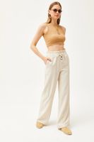 Olalook Women's Stone Pocket Elastic Waist High Waist Linen Trousers