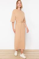 Trendyol Beige Half Sleeve Belted Knitted Dress
