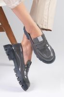 Mio Gusto Casey Gray Color Patent Leather Thick Soled Women's Loafers.