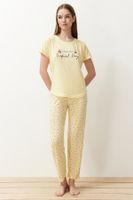 Trendyol Yellow Cherry Patterned Slogan Printed Knitted Pajamas Set