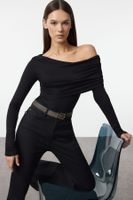 Trendyol Black Asymmetric Collar Fitted/Fits Body Flexible Knitted Blouse