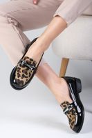 Mio Gusto Black Color Patent Leather And Leopard Pattern Women's Casual Oxford Flat Shoes