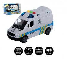 Auto polícia dodávka plast 15cm na zotrvačník na batérie so svetlom a zvukom v krabici 19x13x9cm
