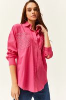 Olalook Women's Fuchsia Pocket & Staple Detailed Oversize Shirt