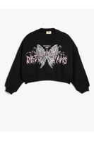 Koton Crop Sweatshirt Butterfly Printed Long Sleeve Crew Neck