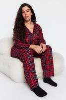 Trendyol Curve Red Plaid Shirt Collar Soft Toe Knitted Pajama Set