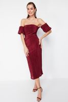 Trendyol Burgundy Sleeve Detailed Pleated Knitted Elegant Evening Dress