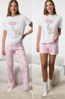 Trendyol White 3-Pack 100% Cotton Elephant and Heart Knitted Pajama Set