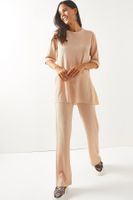 Olalook Women's Beige Top Slit Bottom Palazzo Suit