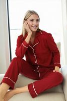 39374 Dewberry Cotton Buttoned Women Pyjama Set-DARK BURGUNDY