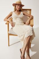 Happiness İstanbul Women's Cream Strappy Summer Knitwear Dress