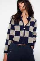 Trendyol Navy Blue Plaid/Checked Jacket Look Knitwear Cardigan