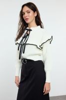 Trendyol Ecru Ribbon/Bow and Ruffle Detailed Knitwear Sweater