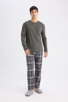 DEFACTO Men's Pajama Set Regular Fit Long Sleeve Basic Plain Top Plaid Bottom