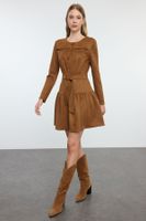 Trendyol Tan Skater/Waist Open Pleated Skirt Suede Mini Woven Dress