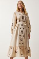 Happiness İstanbul Women's Beige Embroidered Linen Surface Long Woven Dress