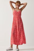 Happiness İstanbul Women's Red Strap Patterned Viscose Dress