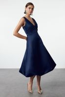 Trendyol Navy Blue A-Cut Matte Satin Balloon Skirt Detail Chic Midi Evening Dress