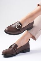 Mio Gusto Brown Pearl Buckle Women's Casual Flat Oxford Shoes