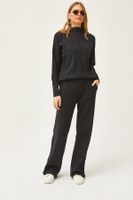 Olalook Women's Black Bottom Pocket Trousers Top High Collar Blouse Raised Suit