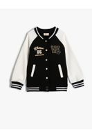 Koton College Jacket Applique Detailed Long Sleeve Color Block Snap Closure Raised