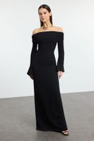 Trendyol Black Knitted Carmen Neckline Long Stylish Evening Dress