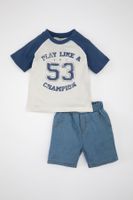 DEFACTO Baby Boy Printed Short Sleeve T-shirt Jean Shorts 2-Piece Set