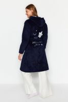 Trendyol Navy Blue Belted Back Embroidery Detailed Hooded Wellsoft Winter Knitted Dressing Gown