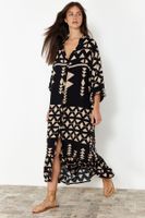 Trendyol Black Printed Midi Wide Neck Border Pattern Detailed Woven Dress