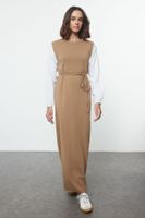 Trendyol Beige Sleeves Woven Piece Detailed Waist Tied Knitwear Dress