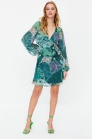 Trendyol Green Ethnic Patterned A-Line Collar Tied Mini Lined Chiffon Woven Dress
