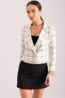 armonika Women's White Double Breasted Collar Tweed Crop Jacket