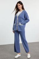 Trendyol Indigo Color Block Gold Buttoned Pocket Cardigan-Pants Knitwear Bottom-Top Set