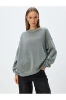 Koton Oversize Sweatshirt Stone Detailed Crew Neck Washed Raised