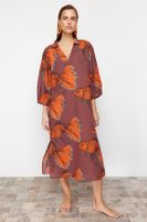 Trendyol Fish Pattern Wide Pattern Weaving 100% Cotton Midi Beach Dress