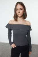 Trendyol Anthracite Carmen Collar Fitted Cut Out Detailed Ribbed Stretchy Knitted Blouse