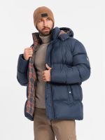 Ombre Men's puffer jacket with check lining - navy blue