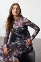 Trendyol Anthracite Tulle Lined Fitted Midi Knitted Dress